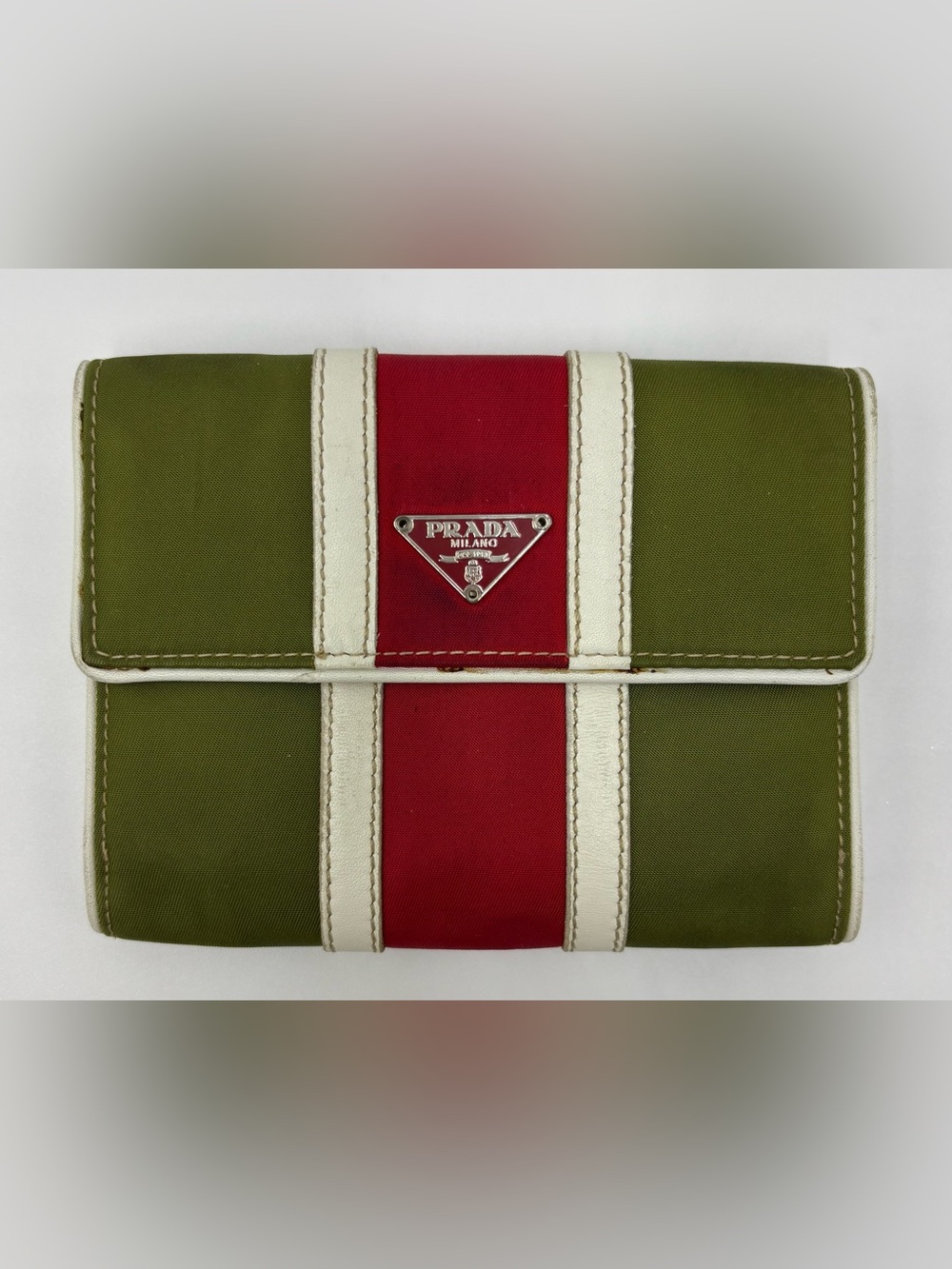 Prada Olive Green and Red Nylon Wallet with White Trim